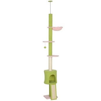 PawHut Árbol rascador de suelo a techo 5 niveles altura ajustable 220-240 cm plataformas en forma de flor con rascador nicho hamaca verde   Aosom España