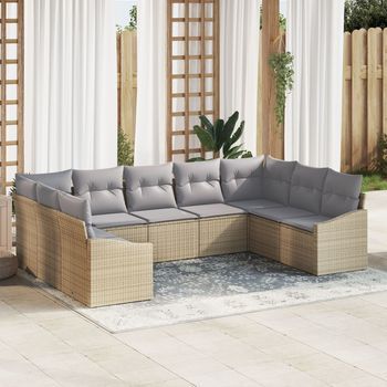 Set De Sofás De Jardín  De 9 Piezas Con Cojines Beige Ratán Poliéster V4663 Unico / Beige