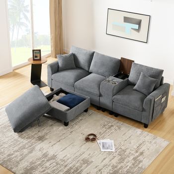 Sofá Cama Esquinero Moderno Con Espacio De Almacenamiento, 2 Portavasos Y Puertos Usb - 229 X 149,5 X 83 Cm - Pana - Gris