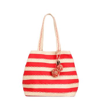 bolso shopping de rafia y lona, ??con charm de pompón coral