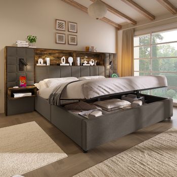 Cama 180x200 Cm Gris Con Almacenamiento, Led, 2 Lámparas De Lectura, Mesitas De Noche Integradas, Puerto Usb-c, Lino Y Somier Incluido.