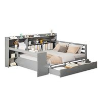 cama 140x200 cm con cabecero y 2 cajones - escritorio compartimentos y tomas usb - pino  contrachapado  mdf - gris