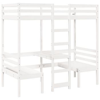 Cama Alta Escritorio Y Asientos Madera Maciza Blanco 90x190 Cm Vidaxl