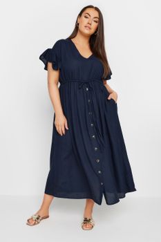 Yours Vestido Azul Marino Con Lino, Mujer Curvy Y Tallas Grandes, Yours
