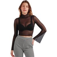 admas blusa top de tul con cuello alto y mangas largas acampanadas para mujer