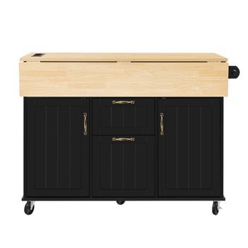 Isla De Cocina Con Ruedas Y Mesa De Comedor Extensible, Carrito De Cocina Con Cajones Y Toallero, 120x80x92 Cm, Mdf, Negro Y Natural