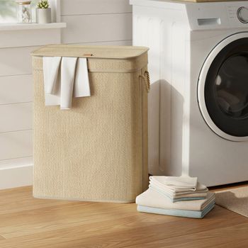 Cesto de ropa sucia de 90 l de bambú amarillo y blanco