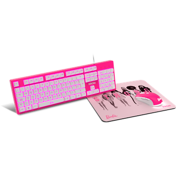 KROM Kit teclado, ratón y alfombrilla edición Barbie KANDY - Teclado membrana, Ratón 6400 DPI, Alfombrilla de goma, rosa