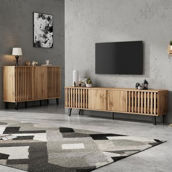 Mueble Para Tv Y Aparador - Compartimentos Con Puertas De Lamas - Tablero De Partículas - Natural (180x40x95cm)