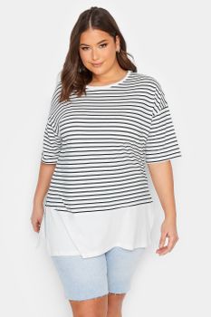 Yours Camiseta Algodón Blanca De Rayas Azul Oscuro, Mujer Curvy Y Tallas Grandes, Yours