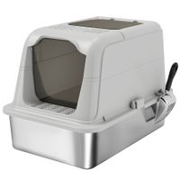 pawhut arenero cerrado para gatos en acero inoxidable con tapa 2 entradas pala bolsita desodorizante gris claro
