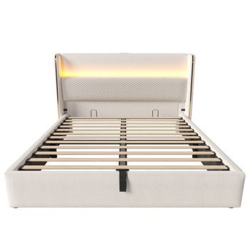 Cama Hidráulica 140x200 Cm - Cabezal Alto, Con Led, Almacenamiento, Puertos Usb/type-c - Beige