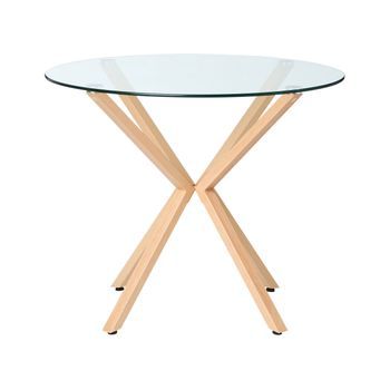 Mesa De Comedor Redonda Escandinava Tablero De Vidrio Templado Ø 90 Cm Madera Clara Altura