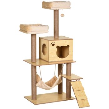 PawHut Torre Rascadora para Gatos 130 cm Altura con Postes de Yute Camas Hamaca Espacios para Jugar y Descansar Natural   Aosom España