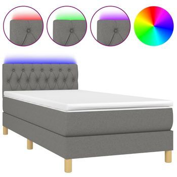 Cama Para Adulto | Cama Individual | Cama Box Spring Con Colchón Y Led Tela Gris Oscuro 100x200 Cm