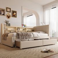 cama tapizada 90x200 cm con 2 cajones y compartimentos sofa cama - tejido de lino - tomas usb  tipo c - beige sin colchon