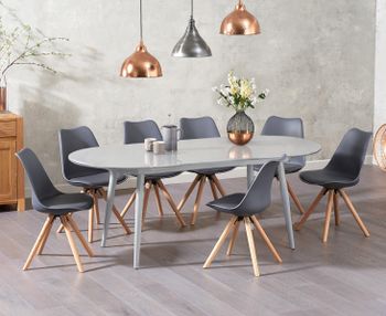Olivia Extending Light Grey High Gloss Dining Table with Oscar Faux Leather Round Leg Chairs - Dark Grey, 4 Chairs