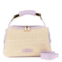 bolso de rafia con solapa y ribete efecto piel en contraste creamlilac