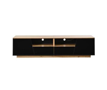 Mueble tv 180x40x46cm - 2 cajones y 2 armarios, led, alto brillo, lowboard, apto 75 pulgadas - negro + madera