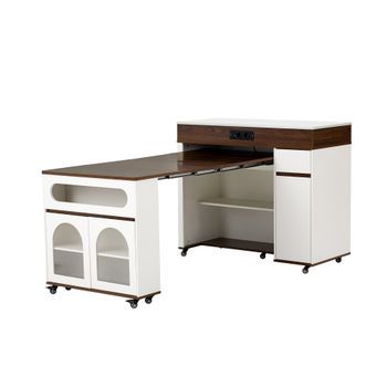 Mesa De Cocina Extensible Blanca Y Nogal Hasta 187,5 Cm Con Ruedas Y Regleta