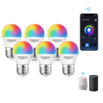 Aigostar Pack 6 uds Bombilla LED inteligente WiFi G45, 5W, E27 rosca gorda, RGB+CCT. Regulable multicolor+luz cálida o blanca 3000 a 6500K, 500lm. Compatible Alexa y Google Home[Clase energética A +]