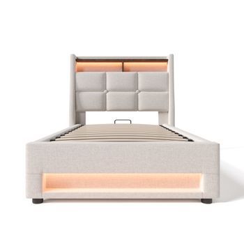 Cama Con Almacenaje De Lino 90x200 Cm Con Led Y Puertos Usb - Somier De Láminas - Beige