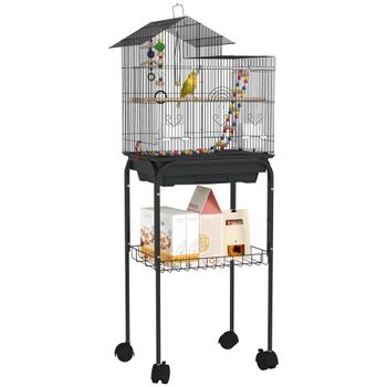 Jaula para pájaros PawHut con ruedas 46x36x120 cm, 2 comederos, 2 perchas, estante para calopsitte, conure, canario y pez.