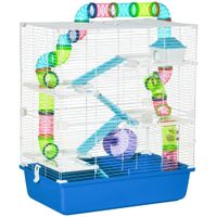 pawhut jaula para hamster con tunel plataformas cuenco bebedero casita rampas y rueda de ejercicio 59x36x69 cm azul