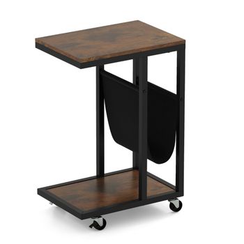 Costway Mesa Auxiliar en Forma de C sobre Ruedas Mesa de Sofá Industrial de 3 Niveles con Estructura de Metal 40 x 28 x 59 cm Marrón Rústico