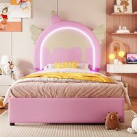 cama infantil tapizada 90 x 200 cm con banda luminosa  2 cajones en forma de unicornio pu rosa