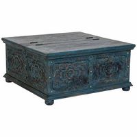 mesa de centro de madera artesanal azul 100x100x47h cm