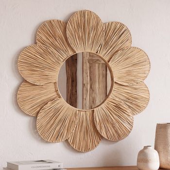 Espejo redondo en forma de flor de yute trenzado, D. 80 cm