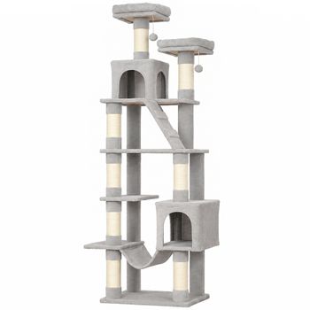 PawHut Árbol Rascador para Gatos 204 cm Multinivel con 2 Cuevas Hamaca 2 Camas Postes de Sisal Escalera y 2 Bolas Gris Claro   Aosom España
