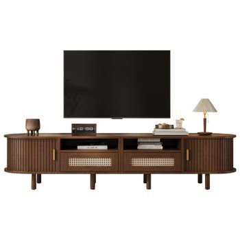 Mueble Tv Ovalado 170cm - Con 2 Cajones De Ratán - Mesa Tv Hasta 70 Pulgadas - Nogal