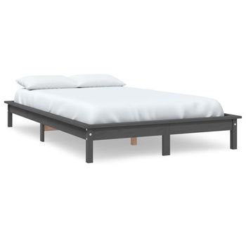Cama Matrimonial | Cama Para Adultos | Estructura De Cama Madera Maciza De Pino Gris 140x200 Cm