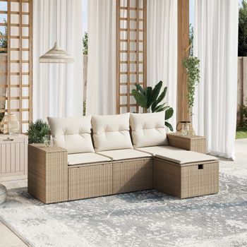 Conjunto De Sofás Jardín Con Cojines 4 Uds | Mueble Jardin Mesa Y Sillas Ratán Sintético Beige Cfw374474