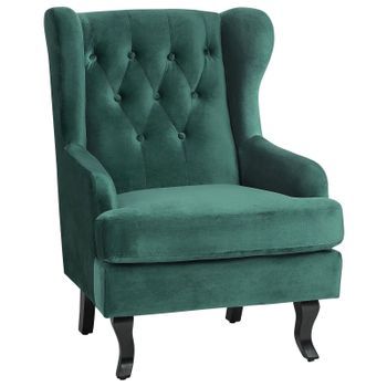 Sillón Orejero De Terciopelo Verde Patas Negras Capitoné Brazos Empotrados Moderno Escandinavo Alta