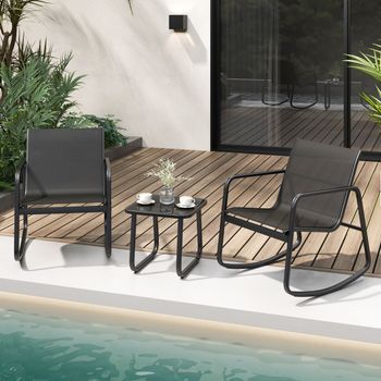 Juego De Mesa Y 2 Sillas Bistró Con Tapa De Vidrio Y Balanceo Para Jardín Exterior Negro