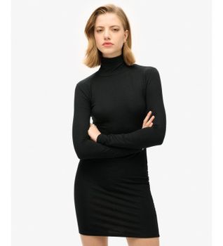 Superdry para mujer. W8011765A Minivestido de cuello alto y manga larga negro (M), Casual, Modal