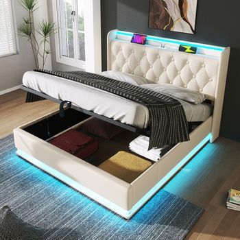 Cama Doble Tapizada Con Cofre Hidráulico, Led 360°, Cargador Usb-c, Control Por Botón/app/control Remoto, 160x200 Cm Blanco