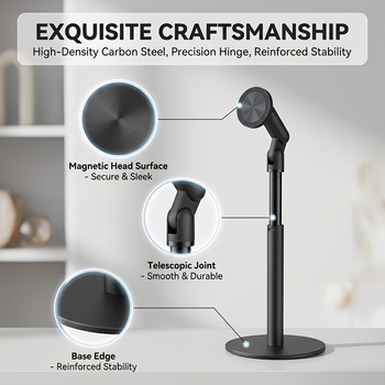 360 °   Soporte Magnético Giratorio para Teléfono, Soporte de Escritorio Ajustable en Altura, Soporte para Tablet de Acero al Carbono con Imán Potente, Manos Libres