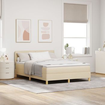 Cama Box Spring  Con Colchón Crema 160x200 Cm Tela V9054 Unico / Nata