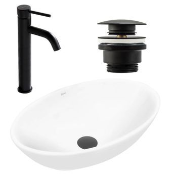 Set Lavabo Sobre Encimera Pamela White Rea + Grifo De Baño Lungo Black Matt + Tapón Black Matt