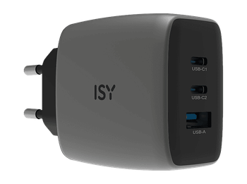 Cargador de pared - ISY IAC-7065-CC, 65W, Con Cable USB-C 1.5m, Carga ultrarrápida, Plata oscura