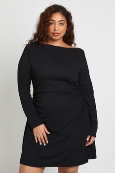 Plus Long Sleeve Ruched Mini Dress, Negro