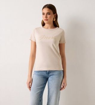 Guess para mujer. W6GI08K3023 Camiseta con logo de lentejuelas beige (S), Casual, Algodón, Manga corta