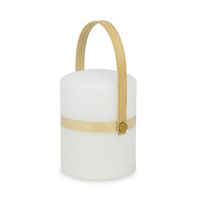 lampara portatil jocca en color blanco con detalles de bambu con iluminacion led para uso interior y exterior recargable por usb dispone de diferentes luces de colores y funciona por mando de