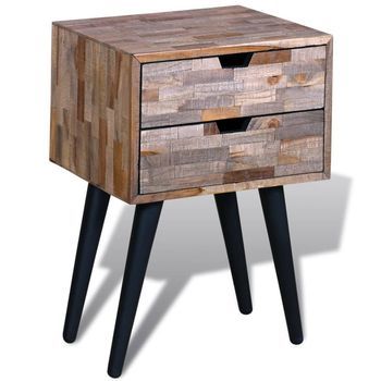 Mesita De Noche | Mesa Auxiliar | Mesilla Con 2 Cajones Madera De Teca Reciclada
