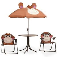 mesa y sillas de jardin infantil 3 piezas con sombrilla marron vidaxl