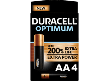 Pilas AA - Duracell Optimum, 4 Unidades, 1.5 V LR6 / MX1500, Negro